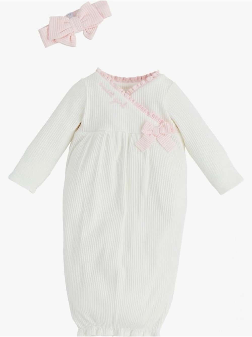 Mud pie Baby Girls White Knit Sleep Gown with Pink Trim and Bow with headband